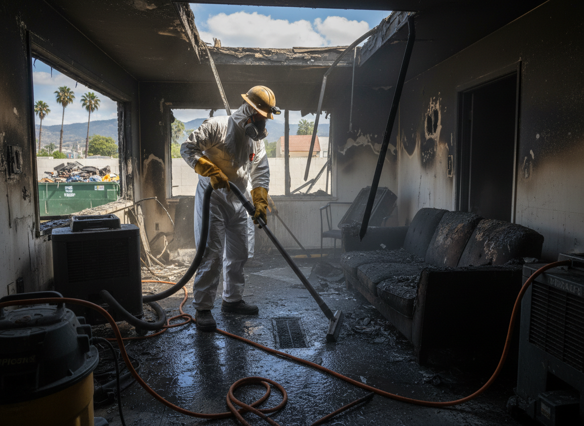 Apartment fire cleanup in Toluca Lake